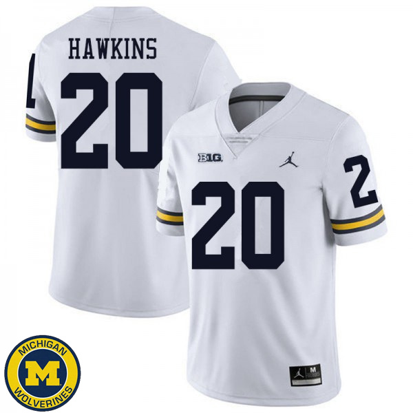 Men University of Michigan #20 Brad Hawkins White Jordan Brand Official Game Jersey